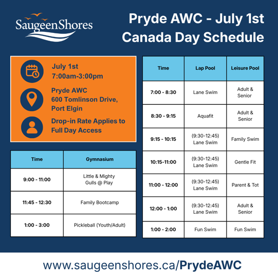 Pryde AWC - July 1st Canada Day Schedule
