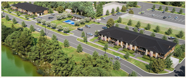 Rendering of the development with two units and a pickleball court